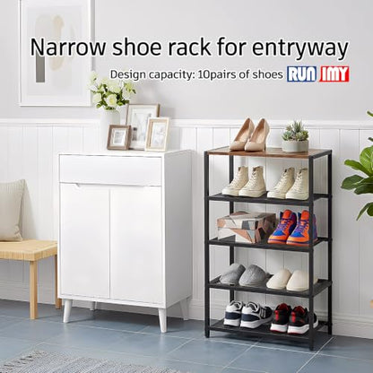 5 Tier Narrow Shoe Rack Shelf for Front Door Entrance, Entryway, and Closet Shoe Organizer with 4 Sturdy Metal Mesh Shelves and Wooden Top, Holds 10 Pairs, Ideal for Shoe Storage or Display - size: 17"D x 10.24"W x 30.7"H