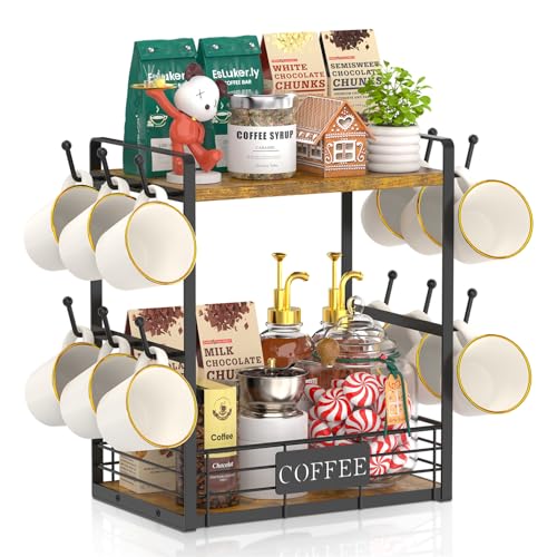 EsLuker.ly Coffee Mug Cup Holder Tree Bar Station Organizer, 2 Tier Mug Stand Rack for Countertop Kitchen, Storage Tower Display Shelf with 12 Hooks, Coffee Nook Enhancer, Vintage Brown Black - color: Vintage Brown + Black