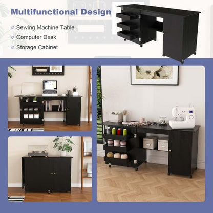 HRVEOCEI 4-in-1 Folding Sewing Table with Storage, Sewing Desk Foldable with Lockable Wheels & Power Socket, Sewings Machine Cabinet & Craft Desk with Shelves, Compact Design (Black, 57 Inch) - color: Black, size: 57 Inch
