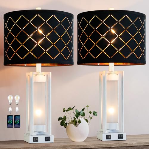 25" Set of 2 Farmhouse Table Lamps with USB C+A Ports | Rustic Retro Nightstand Lamps with White Night Light, Black Grid Shade, Desk Lamps for Bedroom Bedside, 4 Bulbs Included - color: White