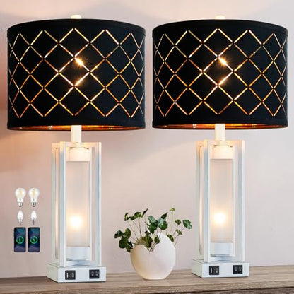 25" Set of 2 Farmhouse Table Lamps with USB C+A Ports | Rustic Retro Nightstand Lamps with White Night Light, Black Grid Shade, Desk Lamps for Bedroom Bedside, 4 Bulbs Included - color: White