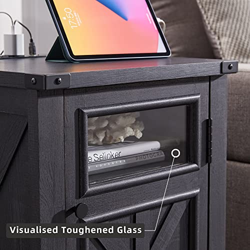 JXQTLINGMU Farmhouse End Table with Charging Station, 18'' Rustic Nightstand with Barn Door & Adjustable Shelf, Wooden Sofa Side Table with 3-Tier Storage for Living Room, Bedroom, Black - color: Black
