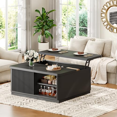 Itaar 39.4'' Lift Top Coffee Table with Storage, Fluted Coffee Tables for Living Room, Square Coffee Table with Large Hidden Compartment & 2 Drawrs & Adjustables Shelves, Black - color: Black