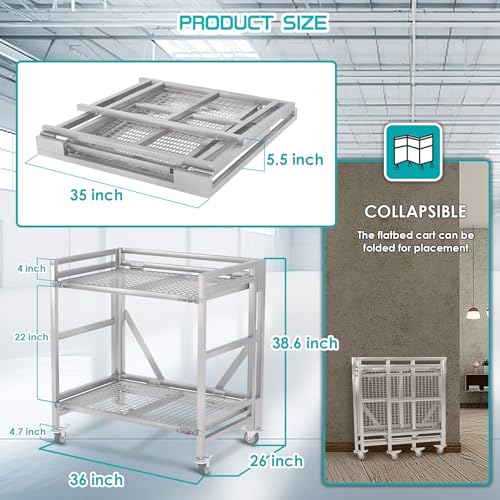 2 Shelf Rolling Cart with Wheels, 660lbs Capacity Collapsible Steel Rolling Utility Cart, Heavy-Duty Foldable Hand Truck, Metal Storage Carts with Handle for Groceries, Warehouse (36" Lx26 W) - color: Net 660lbs Capacity
