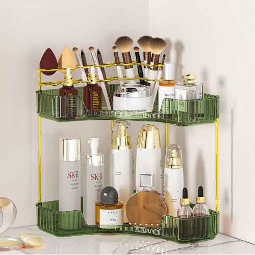 SUNZOS Bathroom Counter Organizer, Corner Vanity Cosmetic Storage with Makeup Brush Holder, Countertop Organizers for Dresser (2 Tier, Green) - color: Green, size: 2 - Tier