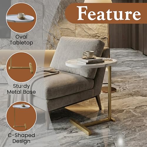 Kings Brand C-Shaped Side End Table, Sofa Snack Table, Gold & White | Convenient C-Shaped Table – Slides Under Sofas, Chairs, Beds to Keep Coffee, Snacks, Laptops, Books, & Essentials w/in Reach - color: White