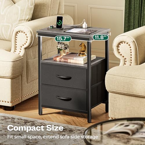 Huuger Night Stand with Charger Station and LED Lights, 2 Drawer Nightstand, Bed Side Table with Open Shelf, End Table, Fabric Dresser for Bedroom, Grey - color: Grey, size: 11.8"D x 15.7"W x 23.6"H（2 Drawers）