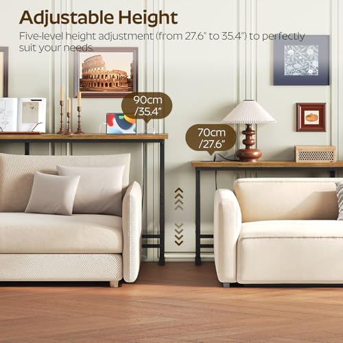 YATINEY 70.9" Console Table with Adjustable Height (27.6"-35.4") and Power Outlet, Skinny Behind Couch Table, Narrow Long Sofa Table for Living Room, Hallway, Entryway, Rustic Brown and Black CT08UBR - color: Rustic Brown + Black, size: 70.9"L x 5.9"W x 2