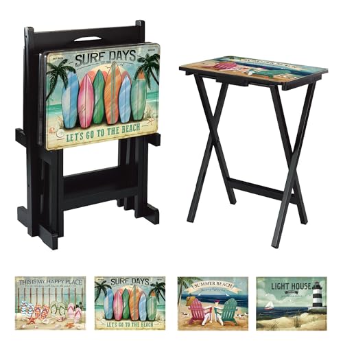 Cape Craftsmen Rectangular TV Trays Table | Set of 4 | Easy Folding Couch Trays with Storage Rack | Decorative Portabe Serving Tables for Home Activities (West Coast Beach) - color: West Coast Beach