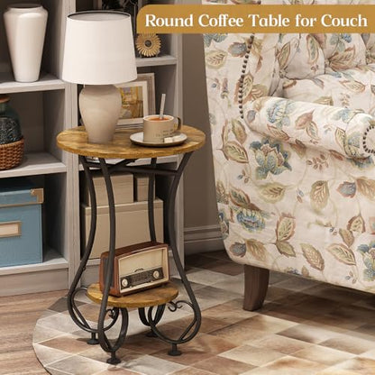 X-cosrack Small Round Side Table with Lower Shelf for Small Spaces, Compact End Table for Sofa, Bedside Nightstand, Coffee & Drink Table for Living Room, Bedroom, Balcony - color: Rustic Spliced Wood