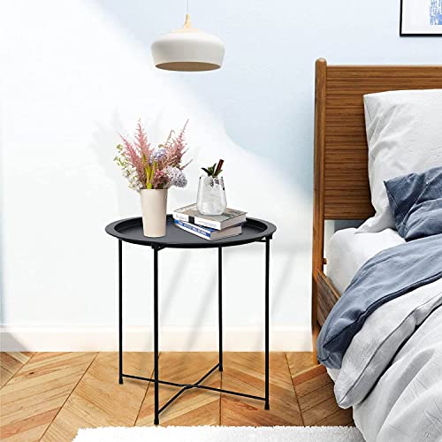 Garden 4 you End Table 2 PCS Metal Side Table Black Round Folding Tray Cyan Sofa Small Accent Fold-able Table, Round End Table Tray, Next to Sofa Table, Snack Table for Living Room and Bed Room - color: Black