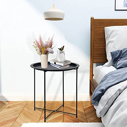 Garden 4 you End Table 2 PCS Metal Side Table Black Round Folding Tray Cyan Sofa Small Accent Fold-able Table, Round End Table Tray, Next to Sofa Table, Snack Table for Living Room and Bed Room - color: Black