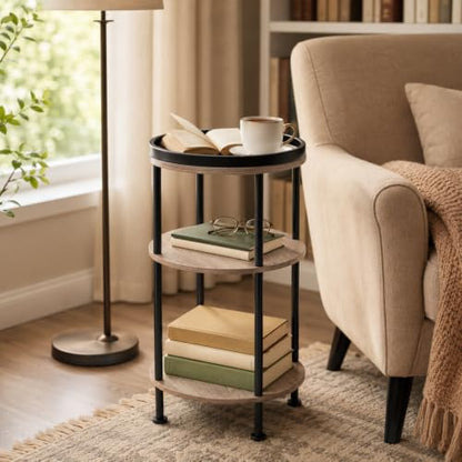 Small Round Side Table, Oak Round End Table for Living Room & Bedroom, Modern 3-Tier Nightstand with Storage Shelf, 11.8" Narrow Accent Table for Small Spaces, Nursery, Plant Stand,Natural Wood Finish - color: Oak, style: Classic