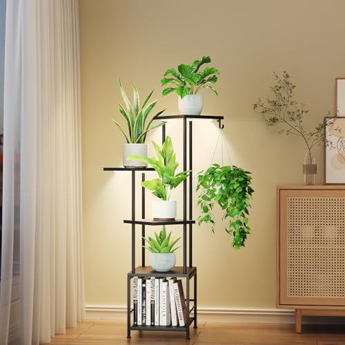 Homsorout Plant Stand Indoor with Grow Light - 5-Tier Metal Plant Shelf with Hanging Basket Hook, Corner Tall Flower Holder for Multiple Plants, Living Room Balcony Garden Patio, Black - color: 5-Tiered Black with grow light