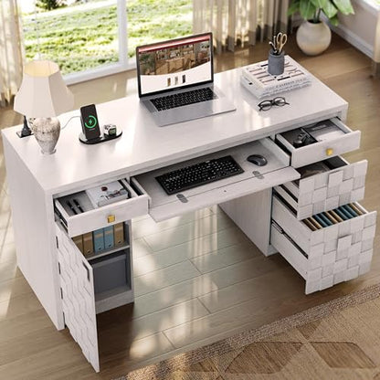 58" Executive Desk with Drawers, Home Office Desk with Charging Station & Keyboard Tray, Wood Office Desk with File Drawer & Storage Cabinet, Modern Computer Writing Desk with Adjustable Shelf, White