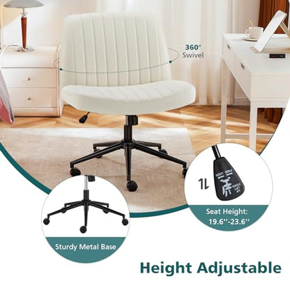 OLIXIS Criss Cross Chair with Wheels, Vanity Chair, Home Office Desk | Wide Seat Armless, Faux Leather, Height Adjustable Swivel Rolling, Home Computer Task Seating for Bedroom Study, Beige PU - color: Beige Pu