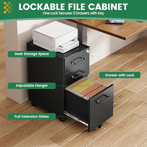3 Drawer Slim File Cabinet, Mobile Filing Cabinet with Lock,Black Rolling Narrow File Cabinets with Casters, Under Desk Office Cabinets for Home Office,Fit A4/Letter/Legal(Unassembled) - color: Black, size: 11.8"W x 23.6"H x 17.7"D