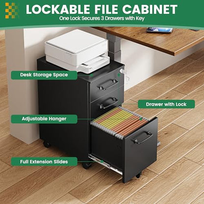 3 Drawer Slim File Cabinet, Mobile Filing Cabinet with Lock,Black Rolling Narrow File Cabinets with Casters, Under Desk Office Cabinets for Home Office,Fit A4/Letter/Legal(Unassembled) - color: Black, size: 11.8"W x 23.6"H x 17.7"D