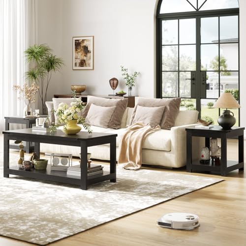 Homieasy Black End Table, 20x20 Inch Square Side Table for Living Room, Large Wood Accent Table with Storage Shelf, Modern Farmhouse Nightstand Bedside Table, Black - color: Black