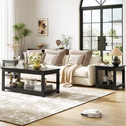 Homieasy Black End Table, 20x20 Inch Square Side Table for Living Room, Large Wood Accent Table with Storage Shelf, Modern Farmhouse Nightstand Bedside Table, Black - color: Black