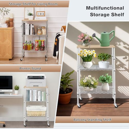 BolDuck 450Lbs Capacity Microwave Cart with Wheels, 3 Tier Rolling Cart with Adjustable Shelves, Multifunctional Metal Utility Storage Kitchen Carts on Wheels, 23.6" L*15.7" W*37" H, Wood+Chrome - size: 23.6"L*15.7"W*37"H with Adjustable Shelves