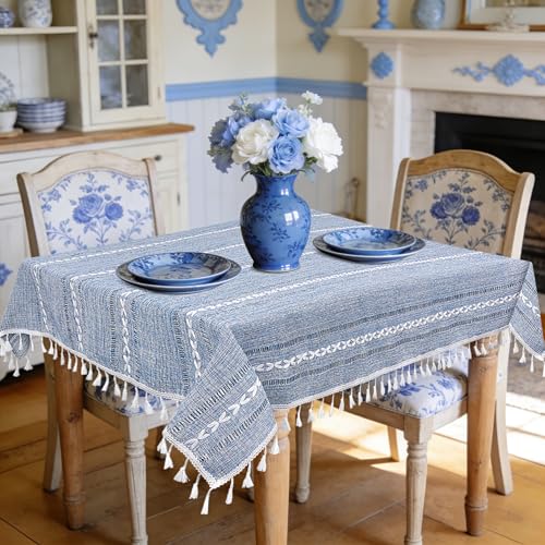 Small Blue Square Tablecloth 36''x36'', Spring Dusty Blue and White Linen Coffee Table Cover, Boho Nightstand Cover Top for Bedroom,End Table Cloth Runner, Summer Coastal Rustic Farmhouse Home Decor - color: Dusty Blue, size: 36" x 36" (Square)