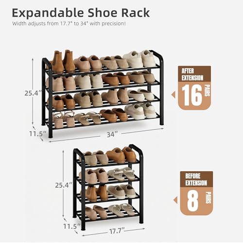 STORAGE MANIAC 4-Tier Expandable Shoe Rack, 16 Pairs Adjustable Shoe Shelf for Closet, Entryway, Hallway, Garage, Dorm, Heavy-duty Metal Shoe Organizer for Small Space, Black