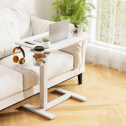 Tangkula Mobile Standing Desk, Pneumatic Height Adjustable Rolling Desk with Cup Holder & Headphone Hook, Overbed Table with Hidden Wheels, Laptop Computer Cart for Couch, Home, Office (White) - color: White
