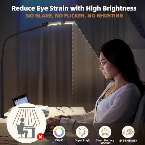Motumen Led Desk Lamp for Home Office, Eye-Care Desk Light Clamp, Black | Smart Double Head Computer Monitor Table Clip Lamp, Adjustable Flexible Goose-Neck, 25 Lighting Models, Task Lamp - color: Black