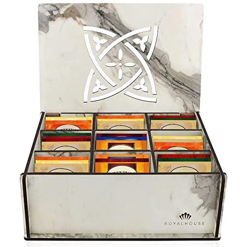 RoyalHouse Premium Wood (Hard MDF) Tea Storage Box Organizer (Marble), Eco-Friendly Multi-Functional Decorative Box, 9 Compartments For Assorted Variety Of Tea Bags and Small Items | Eco Friendly Design, Decorative Storage Box, Multi Functional Organizer,