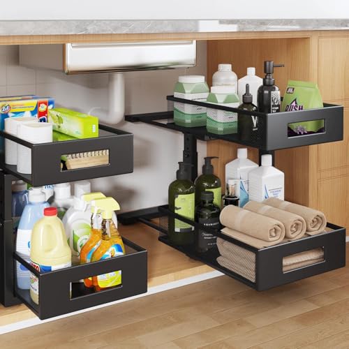 Under Sink Organizer, 2-Tier Dual Pull Out Cabinet Organizer Drawers With Smooth Circular Rail, Large Capacity Metal Mesh Sliding Shelves For Bathroom& Kitchen Storage,Height Adjustable–Black,2 Packs - color: Black, size: 2 Pack-15.9"Dx11.6"-16.7" H