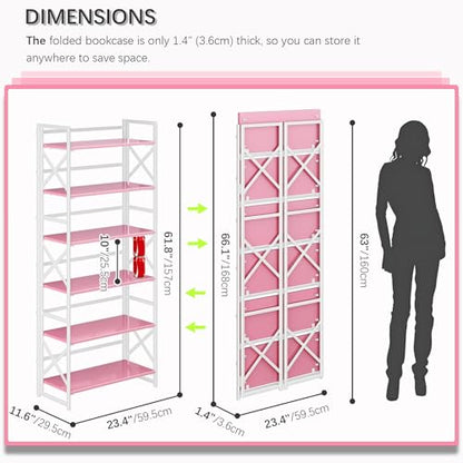 4NM 6 Tiers No Assembly Book Shelves, 61.8" H Folding Bookshelf Bookcase Open Industrial Foldable Shelves for Bedroom, Living Room, Home Office - Pink White - color: Pink White, size: XX 6-Tier