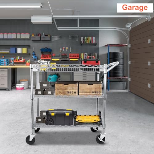 BolDuck Heavy Duty Utility Cart, 990Lbs Capacity 3 Tier Rolling Carts with Wheels, Kitchen Cart on Wheels with Storage, Commercial Grade Metal Serving Carts with Wire Shelving &Handle Bar, Silver - color: Silver