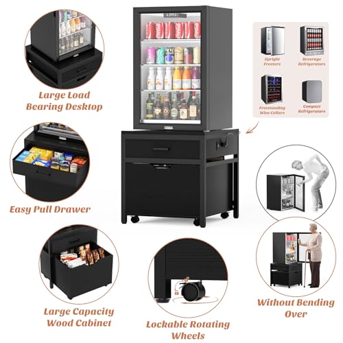 Unikito Mini Fridge Stand with Drawer Storage and Power Outlet, Heavy Duty Mobile Mini Fridge Shelf with Lockable Wheels, Beverage Refrigerator Table Stand, 22.8" L x 21.6" W, Max Load 300 LBS, Black - color: Black