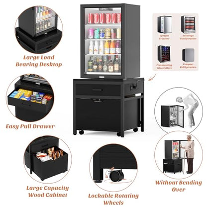 Unikito Mini Fridge Stand with Drawer Storage and Power Outlet, Heavy Duty Mobile Mini Fridge Shelf with Lockable Wheels, Beverage Refrigerator Table Stand, 22.8" L x 21.6" W, Max Load 300 LBS, Black - color: Black