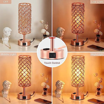 Hong-in Rose Gold Lamp Set of 2, 3-Way Crystal Table Lamp Touch Control with USB-C+A & AC Ports, Dimmable Nightstand Desk Light, Pink Bedside Table Lamp for Bedroom(Bulb Included & Set of 2) - color: Rose Gold