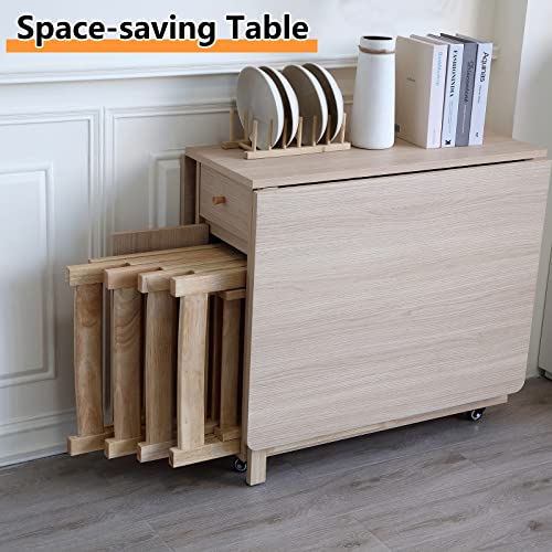 Drop Leaf Folding Dining Table with Storage, Wheels, Space Saving | Foldable Design, 18mm Thick Plywood, 300 lbs Capacity, Locking Wheels, Farmhouse Style, for Living Room Kitchen Small Spaces - color: Wood