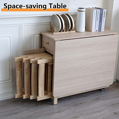 Drop Leaf Folding Dining Table with Storage, Wheels, Space Saving | Foldable Design, 18mm Thick Plywood, 300 lbs Capacity, Locking Wheels, Farmhouse Style, for Living Room Kitchen Small Spaces - color: Wood