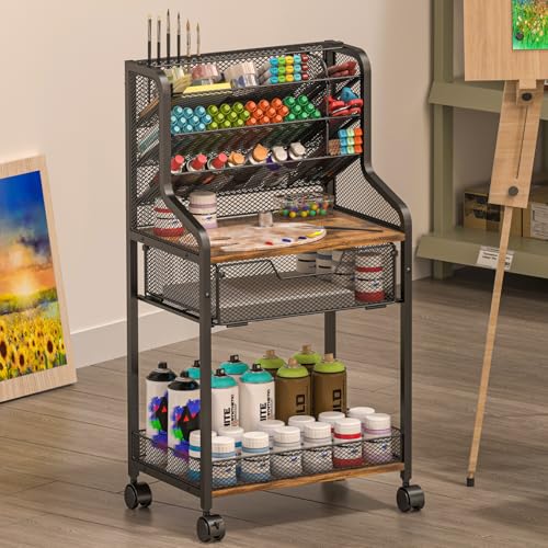 Small Rolling Utility Cart with Drawer, Metal Craft Storage Cart with Lockable Wheel, Versatile Art Organizer with 6 Tiers & Removable Dividers for Drawing Room, Store Paint & Artifact, Patent Pending - size: 3 Tiers