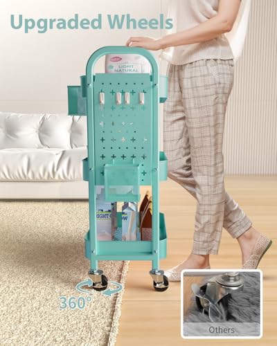 ALVOROG 3 Tier Rolling Cart with DIY Pegboards Metal Utility Cart with Wheels Handles Baskets Hooks, Craft Cart for Office Kitchen Bathroom(Tiffany Blue) - color: Tiffany Blue