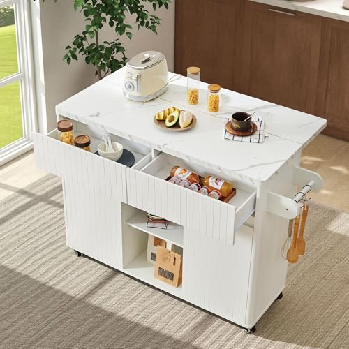 weselon 47" Mobile Kitchen Island with Storage, Rolling Kitchen Cart with Drop Leaf, Kitchen Island on Wheels with 2 Drawers & Adjustable Shelves, Towel Rack & Hooks, Faux Marble Top (White)