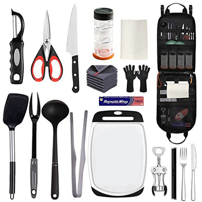 Camp Kitchen Organizer, High Capacity Camping Cooking Utensils Bag, with Hanging Hooks and Paper Towel Holder, Multi-pocket Waterproof Portable Storage for BBQ Outdoor Cooking Essentials