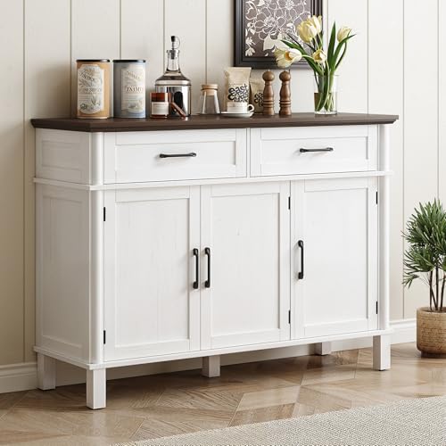 48 Inches Buffet Cabinet with Storage, Farmhouse Sideboard Buffet w/2 Drawers and 3 Doors, Wood Coffee Bar Cabinet with Adjustable Shelves, Sideboard Storage for Kitchen, Living Room, Off White - color: Off White, size: 48 Inch