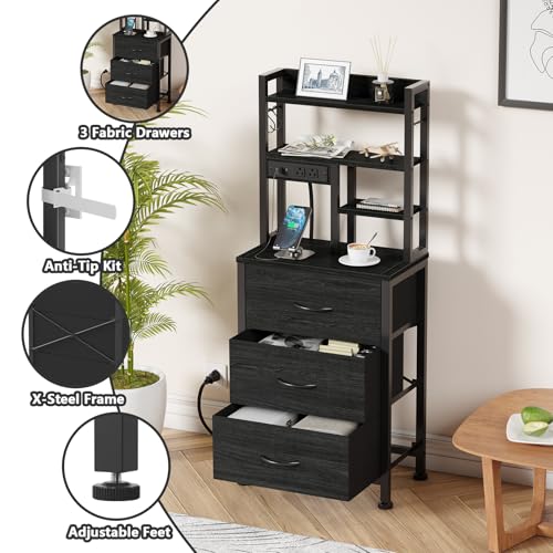 Black Nightstand with Bookshelf, Tall Bedside Table & Night Stand | 3 Fabric Drawers & LED Lights, 45.3" Bed Side & End table with Charging Station in Bedroom, Dorm, Metal Frame, Wood Shelves - color: Black Oak, size: 3 Drawer