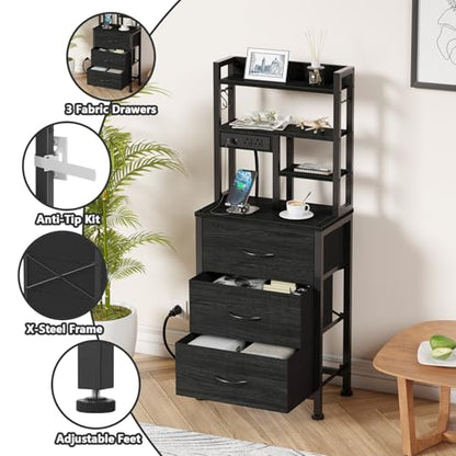 Black Nightstand with Bookshelf, Tall Bedside Table & Night Stand | 3 Fabric Drawers & LED Lights, 45.3" Bed Side & End table with Charging Station in Bedroom, Dorm, Metal Frame, Wood Shelves - color: Black Oak, size: 3 Drawer