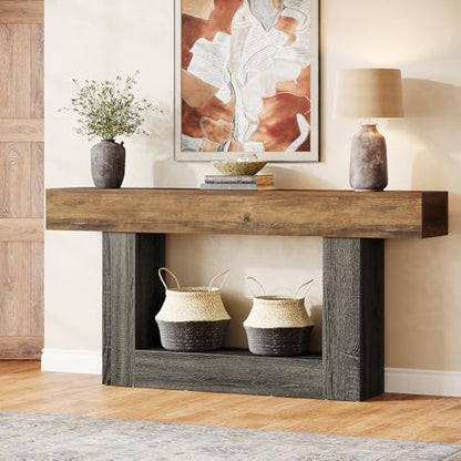 Tribesigns 63-Inch Long Console Table, 2-Tier Entryway Table Sofa Table with Storage, Farmhouse Wood Behind Couch Tables for Living Room, Hallway, Rustic Brown & Gray - color: Rustic Brown & Gray