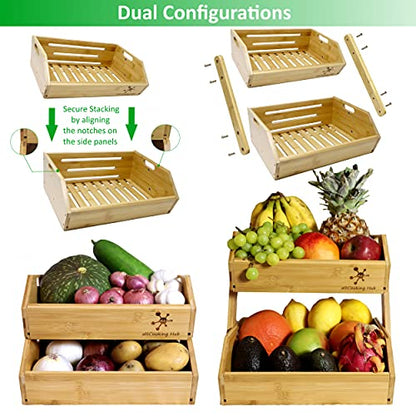 Bamboo Open-Front Stacking Storage Bin -Configurable as 2-Tier Fruit Basket