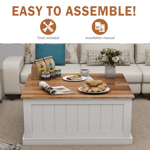 31.5" Farmhouse Coffee Table, Flip Top Coffee Square Table with Storage Compartment, Wooden Rustic Cocktail Table for Living Room, Bedroom, Apartment, Studio, White - color: White