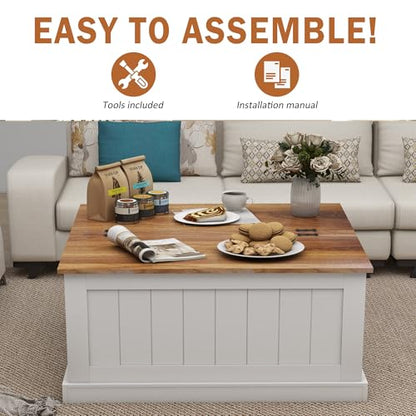 31.5" Farmhouse Coffee Table, Flip Top Coffee Square Table with Storage Compartment, Wooden Rustic Cocktail Table for Living Room, Bedroom, Apartment, Studio, White - color: White