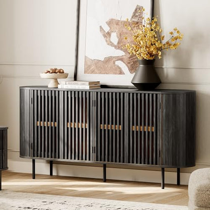 WAMPAT 64.4" Fluted TV Stand, Wood Entertainment Center for TVs Up to 70 inches, Curved Edge Media Console Table with Doors and Shelves for Living Room, Bedroom, Black - color: Black
